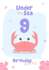 Under-the-sea ninth birthday party invite for kids. Charming marine postcard with a red crab and pink corals in soft colors.