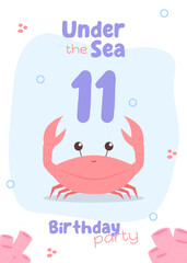 Ocean adventure-themed eleventh birthday invitation. Playful under-the-sea card featuring a red crab and pink corals in light hues.