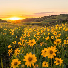 Fototapeta premium Sprawling Field of Bright Yellow Flowers Under a Colorful Sunset Sky