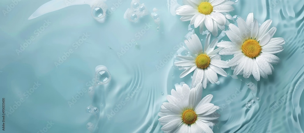 Aufkleber top view of daisy flowers in water on a light blue backdrop with room for text in the image. creativ