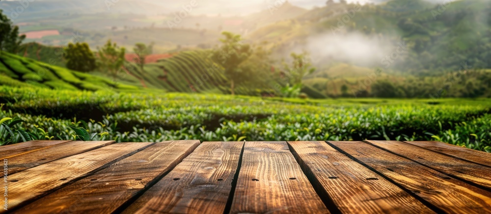 Poster Wooden table with a blurred tea plantation backdrop creating a copy space image for displaying tea products along with the scenic farm view