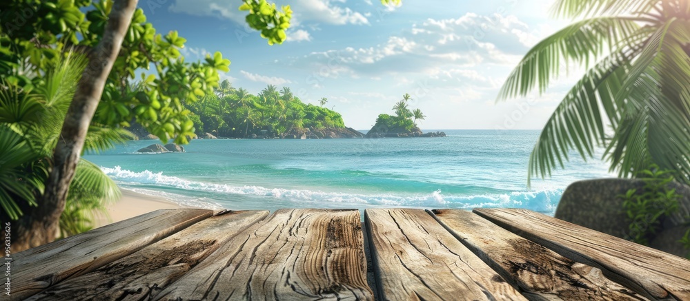 Aufkleber Sea view on an island with a charming wooden log serving as a table background featuring ample copy space for an image