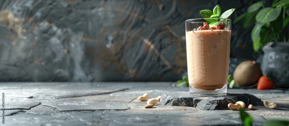 Aufkleber glass with a fruit nut smoothie on stone background ideal for text placement copy space image
