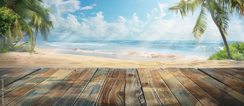 Aufkleber Wooden table with open view to a sunny tropical beach and palm trees perfect for presenting summer items or ad displays with copy space image