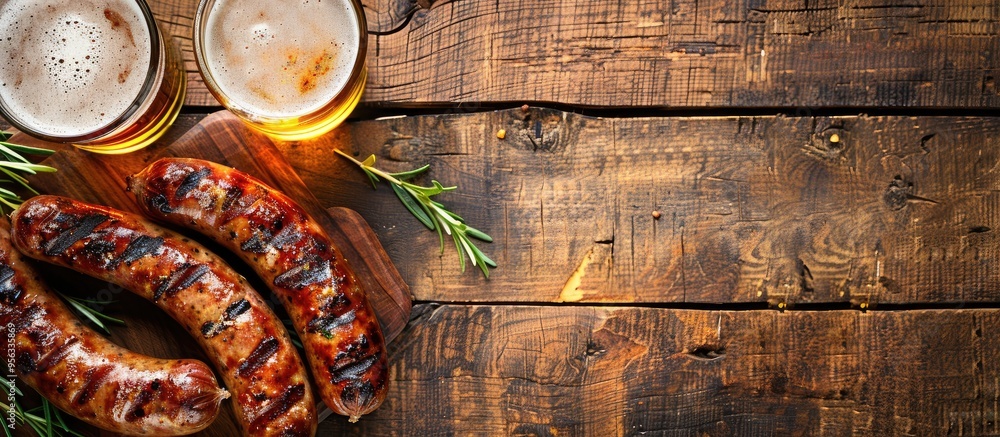 Wall mural Top down view of grilled sausages and a glass of beer on a wooden table with a clear area for additional content in the image