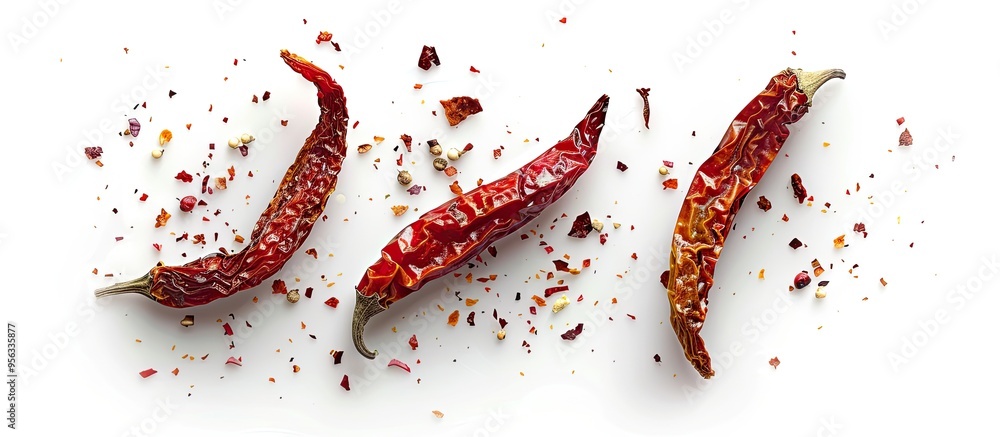 Poster fried dried chilies against a white backdrop with copy space image