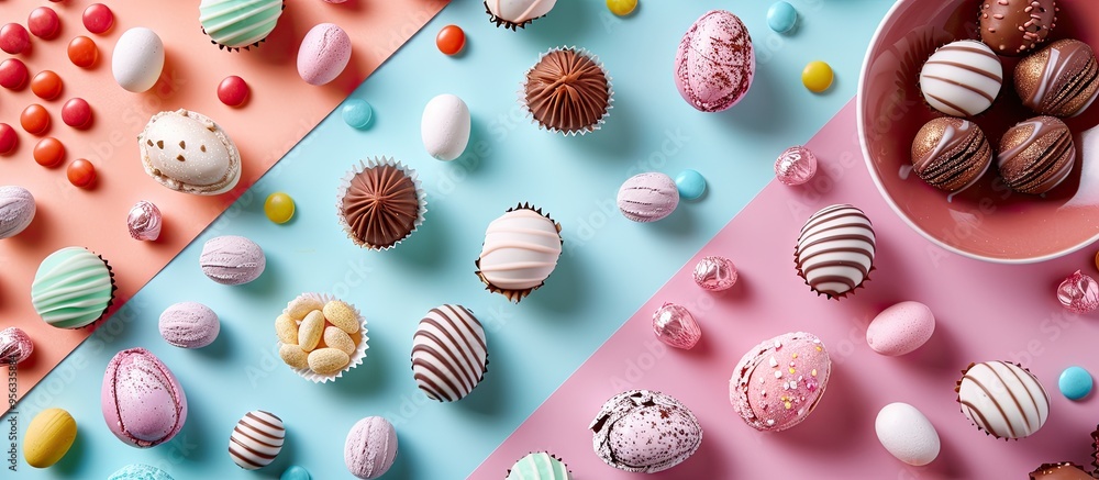 Poster easter themed candies chocolates and sweets on colorful backdrop with minimalist style top view with