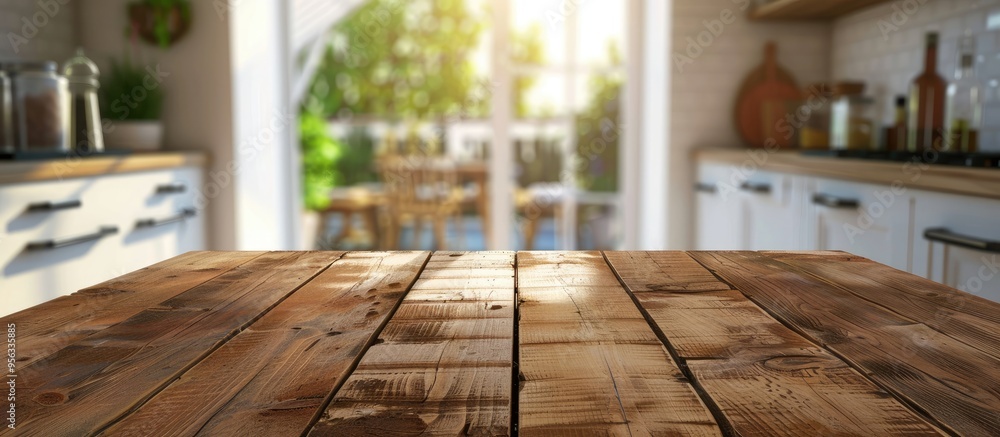 Poster table top made of wood offering a blank area for showcasing products against a blurred and well lit 