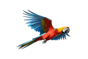 The image features a red scarlet macaw bird, its wings spread out. Suitable for website backgrounds or marketing materials for nature, wildlife, tropical themes, and bird enthusiasts