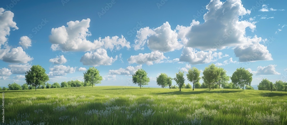 Poster Scenic view of a grassy field with a cluster of trees and fluffy cumulus clouds in the sky ideal for a copy space image