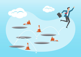 smart businessman jump pass many pitfalls to achieve business success