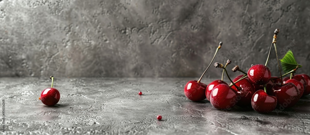 Poster gray stone table with cherries copy space image