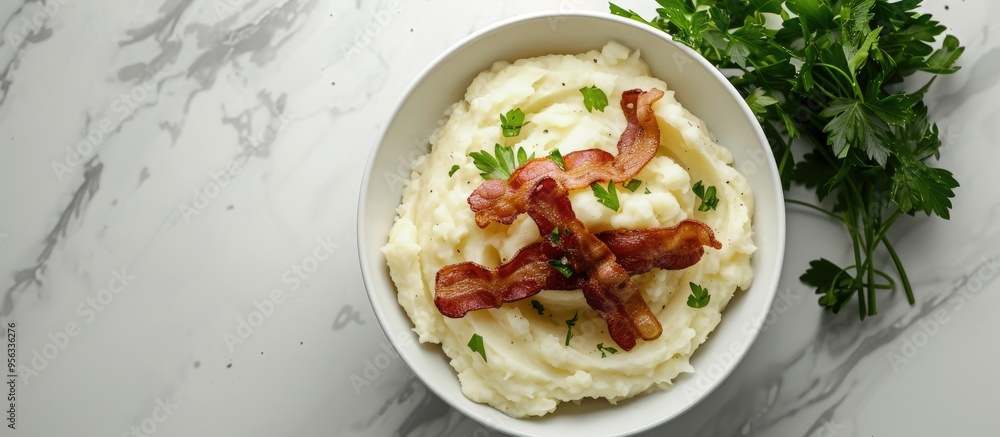 Aufkleber top down view of crispy bacon creamy mashed potatoes and fresh parsley on a white marble surface lea