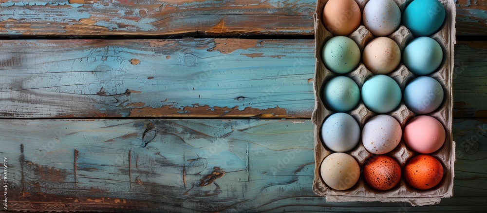 Poster Colorful eggs arranged in a box on a rustic background with copy space image