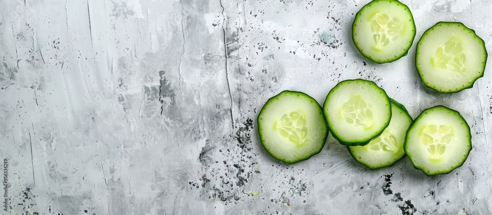 Poster horizontal isolated slice of cucumber cucumis sativus on a white cement background with ample copy s