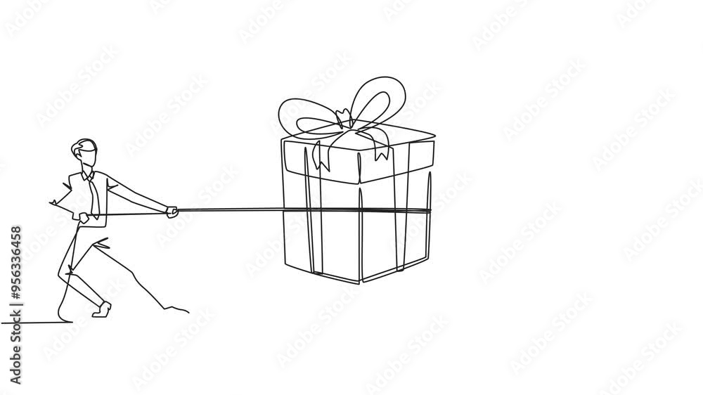 Poster animated self drawing of single continuous line drawing two businessmen fighting over a gift box. tr