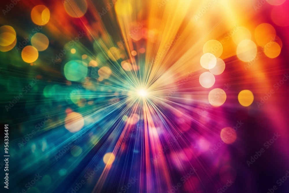 Poster colorful burst of light with vibrant rays and bokeh effects emanating from the center creating a daz