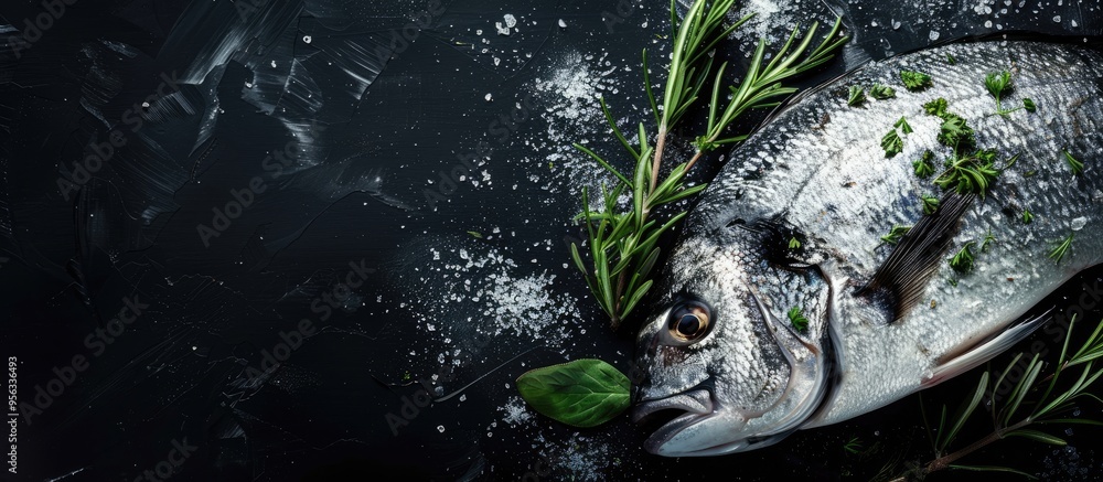 Poster top view of a fresh sea bream dorado fish with herbs on a black background allowing for copy space i
