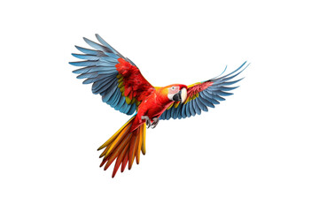 Fototapeta premium The image features a red scarlet macaw bird, its wings spread out. Suitable for website backgrounds or marketing materials for nature, wildlife, tropical themes, and bird enthusiasts
