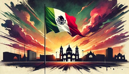 Naklejka premium Mexico independence day watercolor illustration with iconic landmarks silhouette.