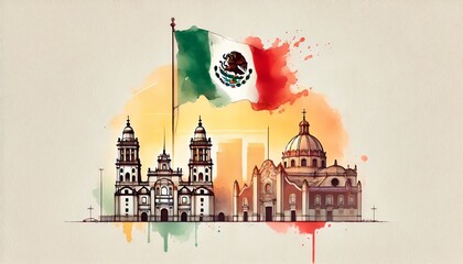 Watercolor illustration for mexico independence day with famous landmarks.