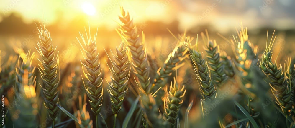 Poster sunset illuminating lush green wheat field with copy space image