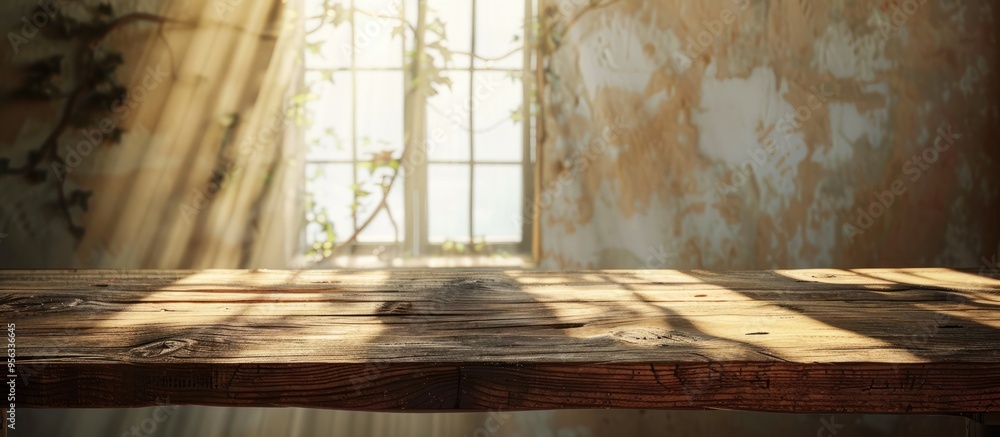 Poster A wooden table with a soft window lit wall background and subtle shadows creates a serene ambiance for your copy space image