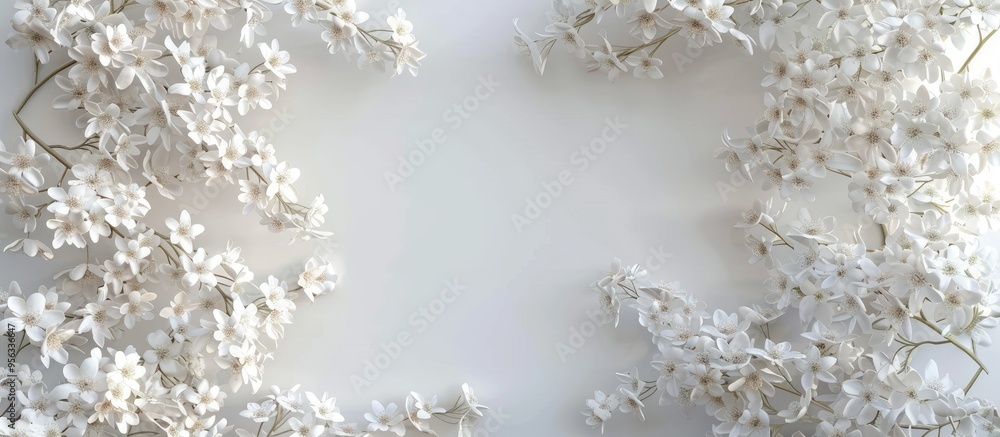 Poster flat lay view of sliced leeks on a white surface with copy space image