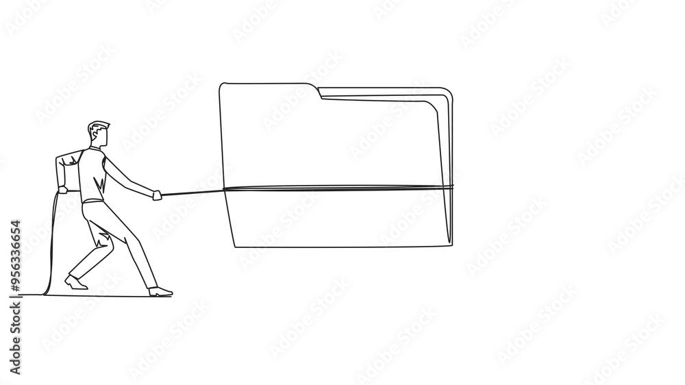 Poster animated self drawing of continuous one line drawing two businessmen fighting over document folder. 