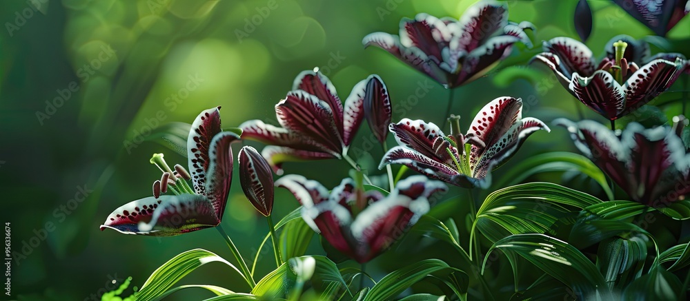 Poster Enjoy the view of dark maroon and white Checkered Lily flowers in a spring garden with vibrant green leaves in the foreground perfect for your copy space image
