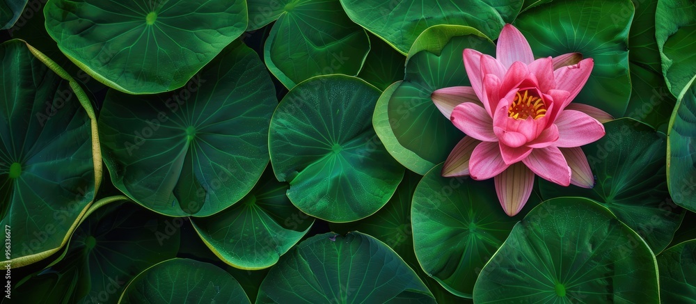 Poster top view of a pink lotus flower in bloom with green leaves providing background in a copy space imag
