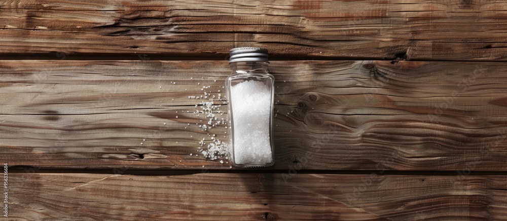 Poster top view of a salt shaker placed on a wooden table with ample copy space image available
