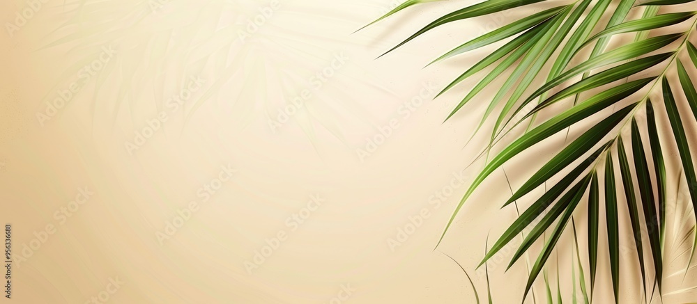 Poster Beige background with tropical palm leaves is shown in an empty room providing a minimal abstract background for a cosmetic product s presentation with copy space image