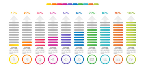 Presentation of modern vector infographic. Business template with 10 steps, arrows with illustration Infographic for bar graph, chart, app, website. Progress bar with ten steps percentage diagrams.