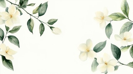 Fototapeta premium White floral elements with green citrus foliage watercolor illustration on a light background suitable for various design applications including stickers embroidery and printing on textiles and pac