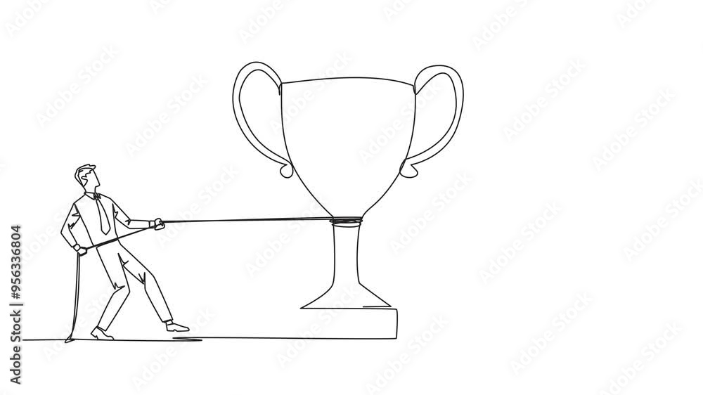 Poster self drawing animation of single continuous line drawing two businessmen fighting for a trophy. stri