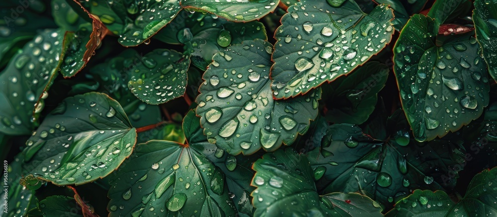 Poster Leaves adorned with water droplets post rain creating a picturesque scene with copy space image