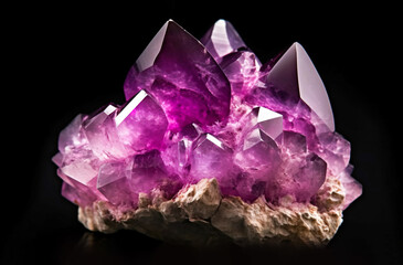 Fototapeta premium Amethyst is a rare precious natural geological stone on a gradient background in a low key, isolate. AI generated.
