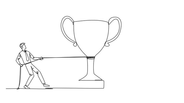 Self drawing animation of single continuous line drawing two businessmen fighting for a trophy. Strive to be a winner. Always get satisfactory business results. Appreciated. Full length animated