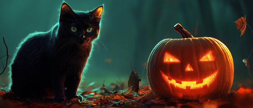 A black cat and a pumpkin on a diabolic and terrorific forest. Halloween concept.