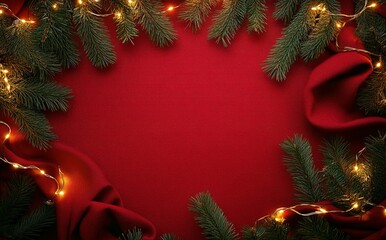 Festive Red Background with Pine Branches and Twinkling Lights