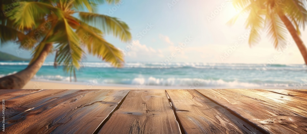 Poster A wooden table set against a blurred summer beach with palm trees creating a scenic backdrop for showcasing summer products with copy space image