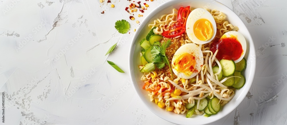 Aufkleber indonesian dish of instant noodles with boiled egg vegetables served in a white bowl with copy space