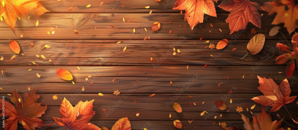 Aufkleber nature background featuring autumn leaves on a wooden plank with copy space image