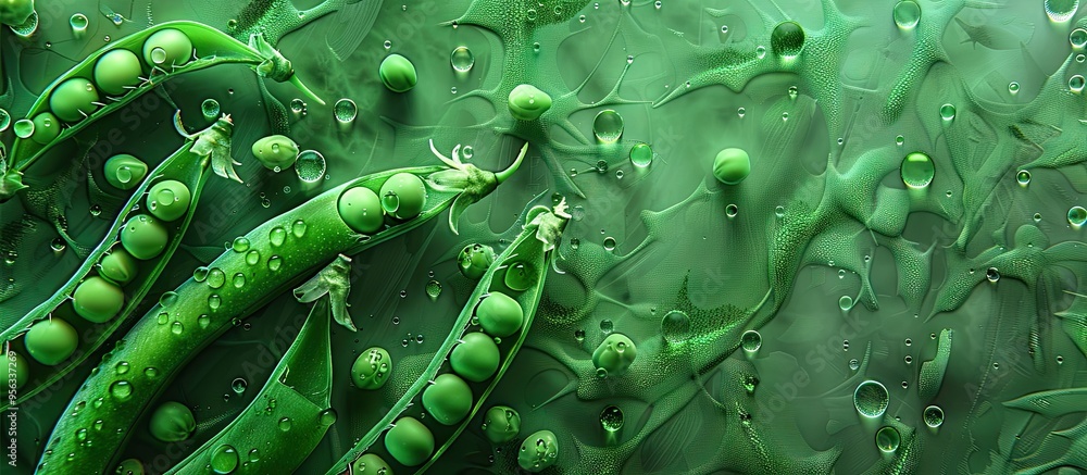 Poster a vibrant image showcasing fresh organic green peas with pea pods viewed from the top on a lush gree
