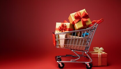 Shopping cart filled with presents isolated background. ai generated