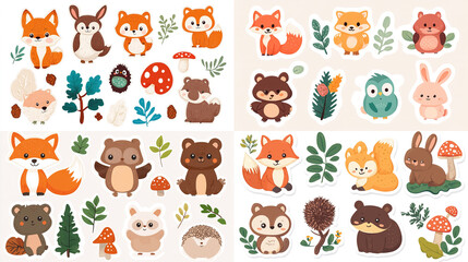 Fototapeta premium Cute wild animal stickers: fox, bear, rabbit, owl, hedgehog, jungle theme, isolated on a white background.