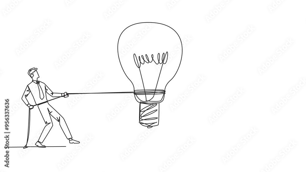 Poster self drawing animation single one line drawing two businessmen fighting over a lightbulb. compete to