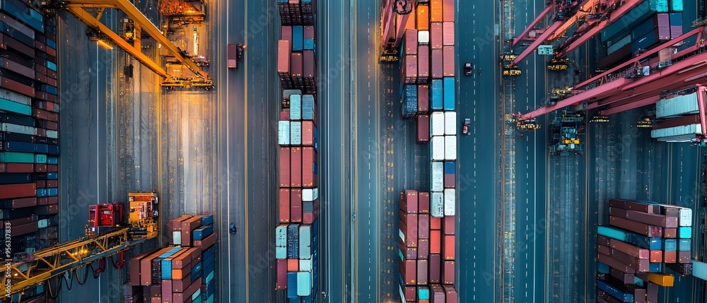Poster aerial view of a busy shipping port with cranes and stacked cargo containers, showcasing global trad
