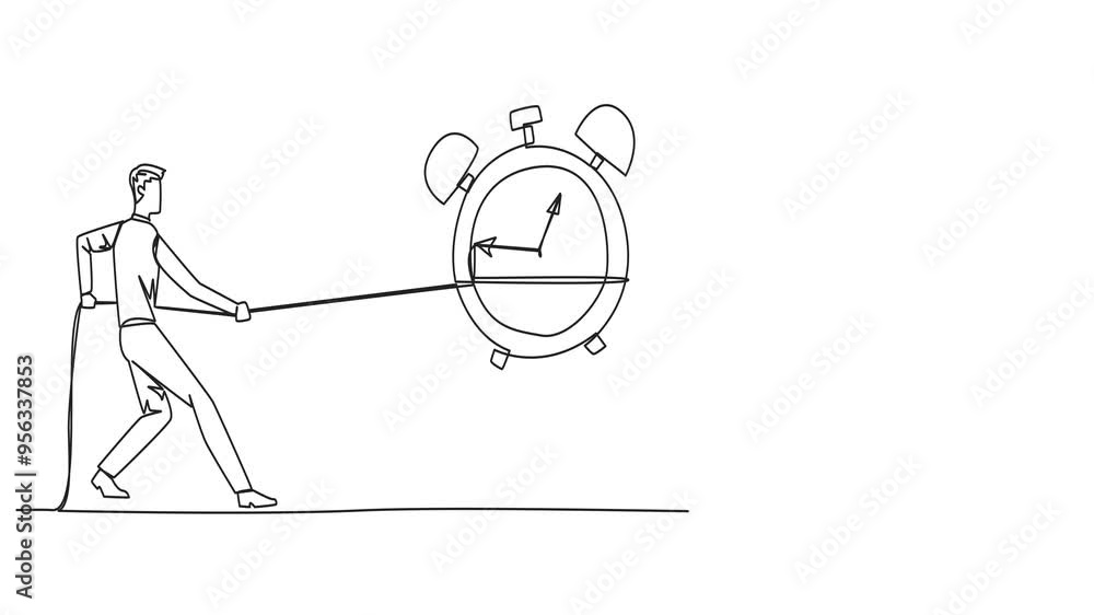 Poster animation of a continuous one line drawing of two businessmen fighting over an alarm clock. compete 